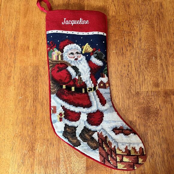 VTG Christmas Stocking Wool Needlepoint Rooftop Santa Jacqueline - Picture 1 of 6